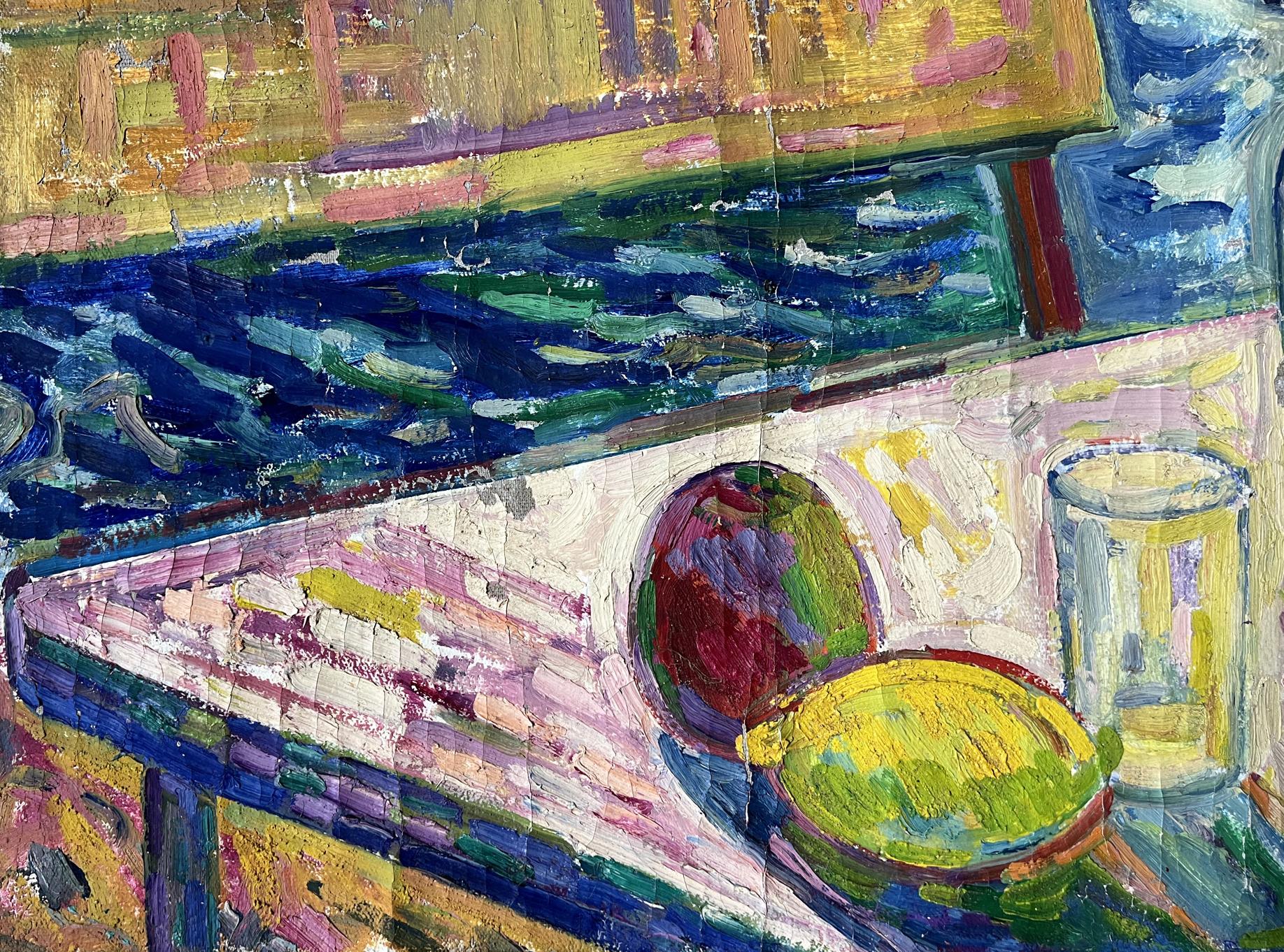 Abstract oil painting showcasing a still life composition near the shore by Peter Dobrev