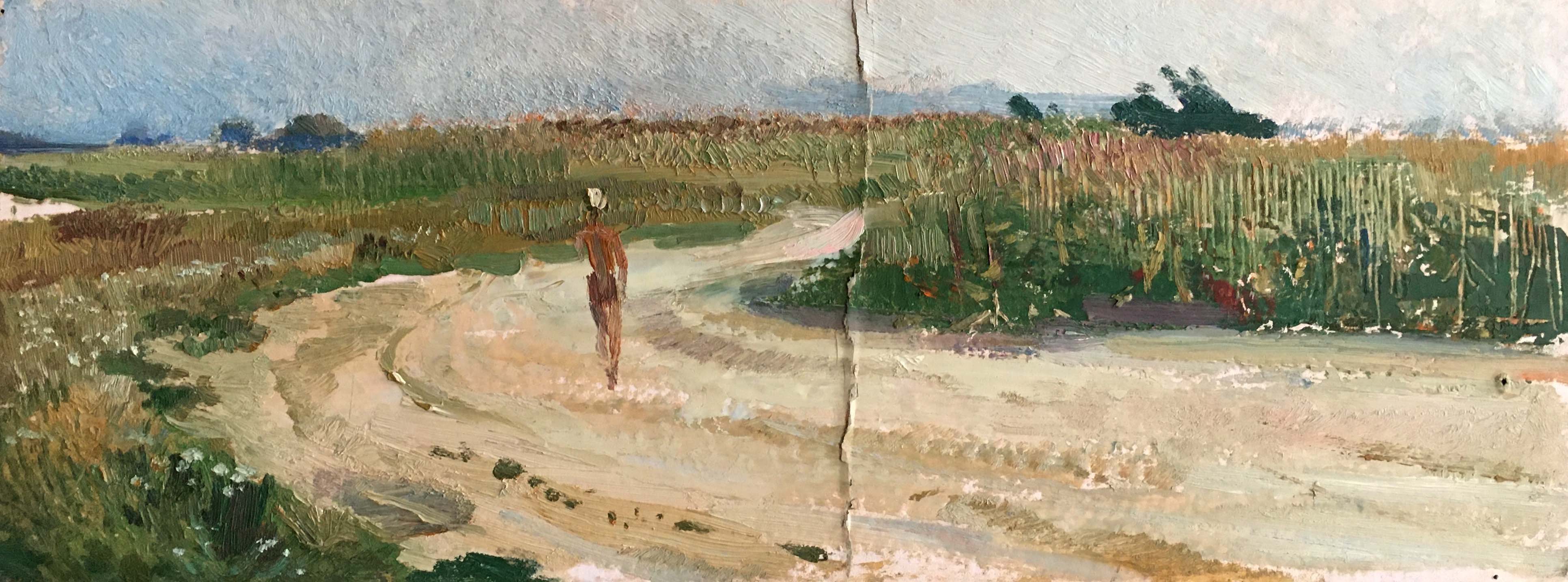 Oil painting Man walks across the field