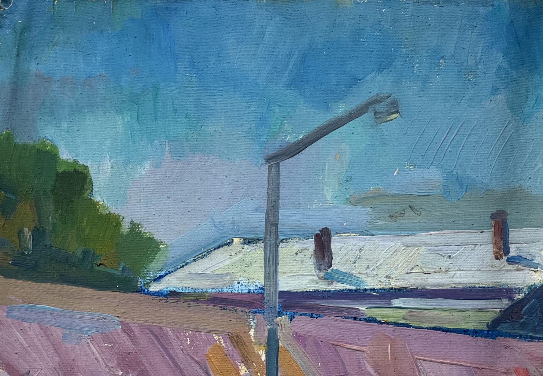 Peter Dobrev's oil painting presents an abstract interpretation of a bus stop