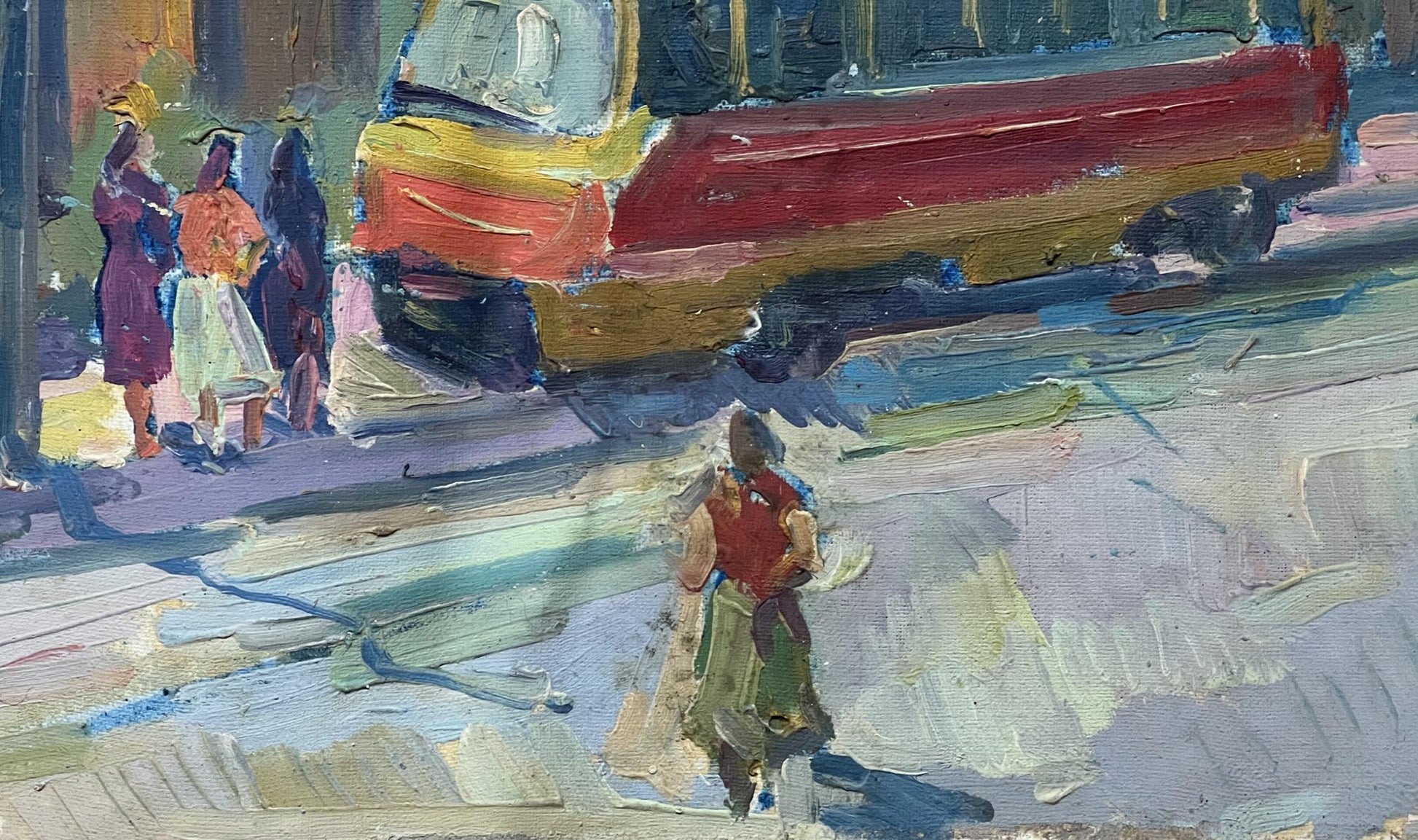 "Abstract Commute" painted in oil by Peter Dobrev, exploring the bus stop motif