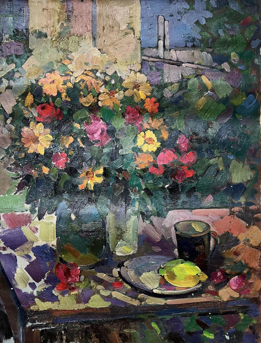 Abstract oil painting still life for tea Peter Dobrev
