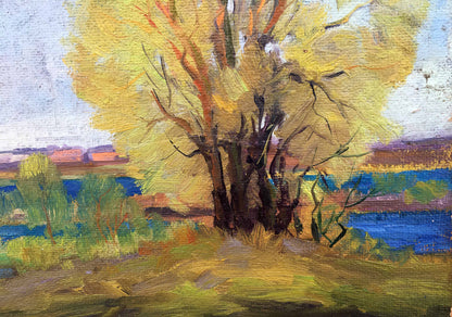 An autumnal scene rendered in oil paints