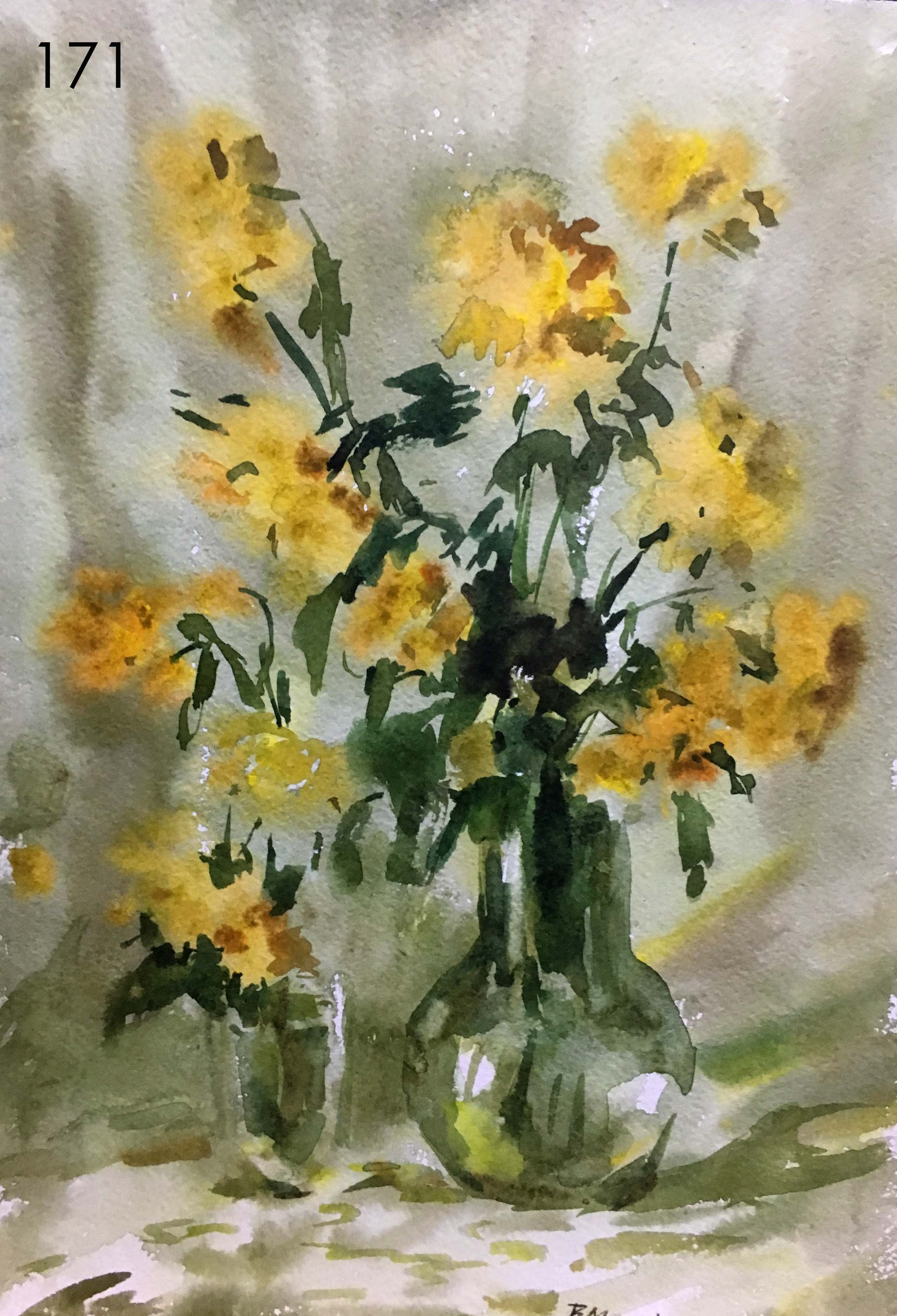 Still life yellow flowers watercolor painting Viktor Mikhailichenko