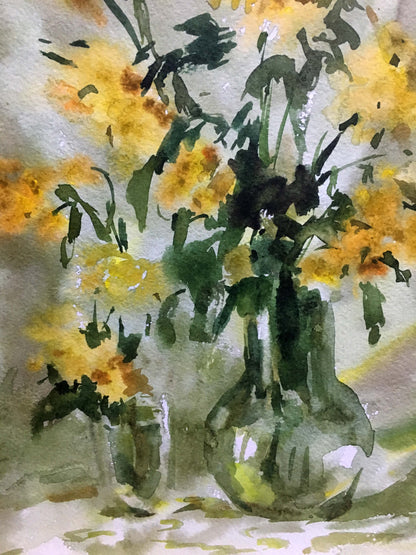 Still life yellow flowers watercolor painting Viktor Mikhailichenko