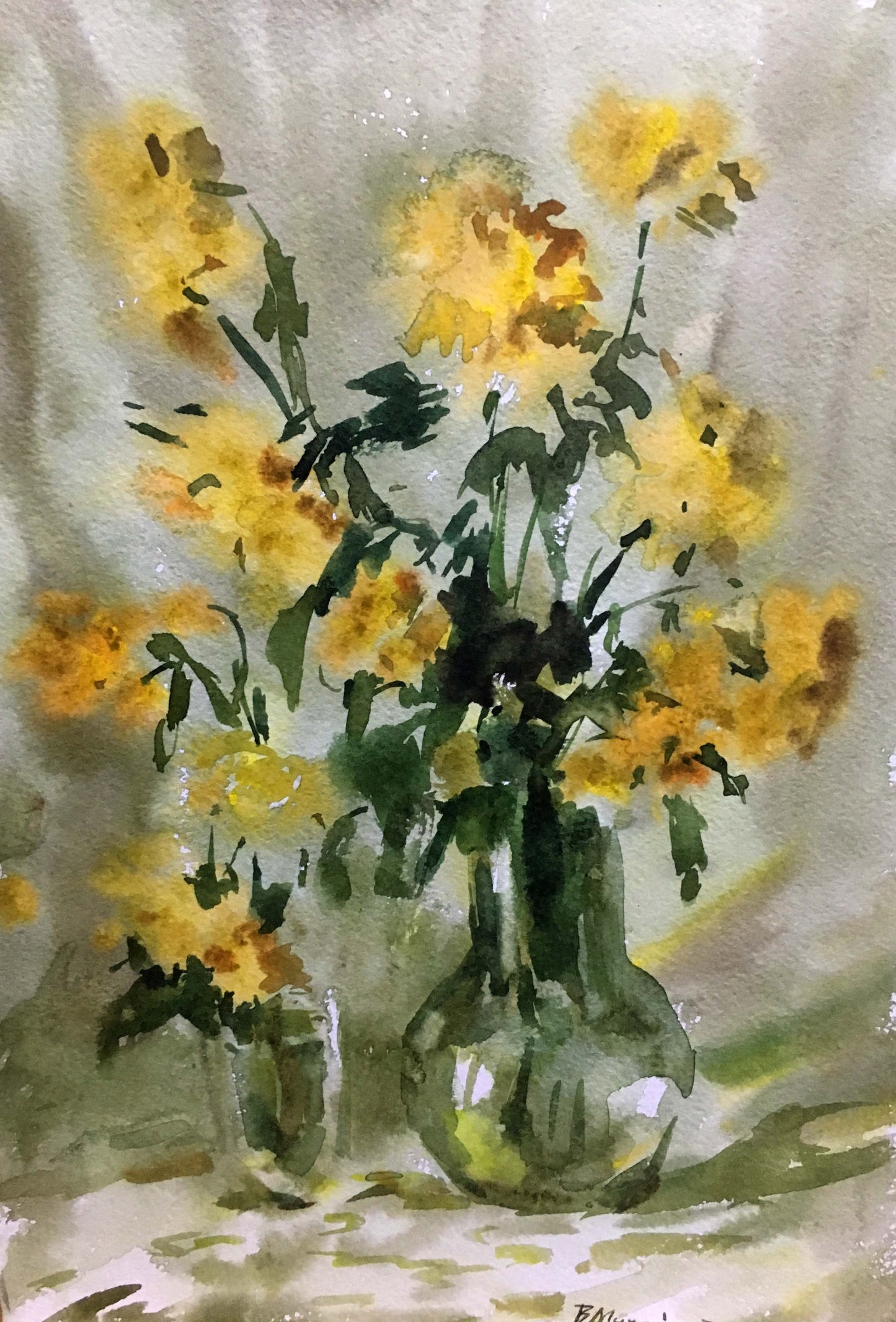 Still life yellow flowers watercolor painting Viktor Mikhailichenko