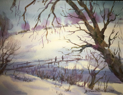Winter landscape watercolor painting Viktor Mikhailichenko