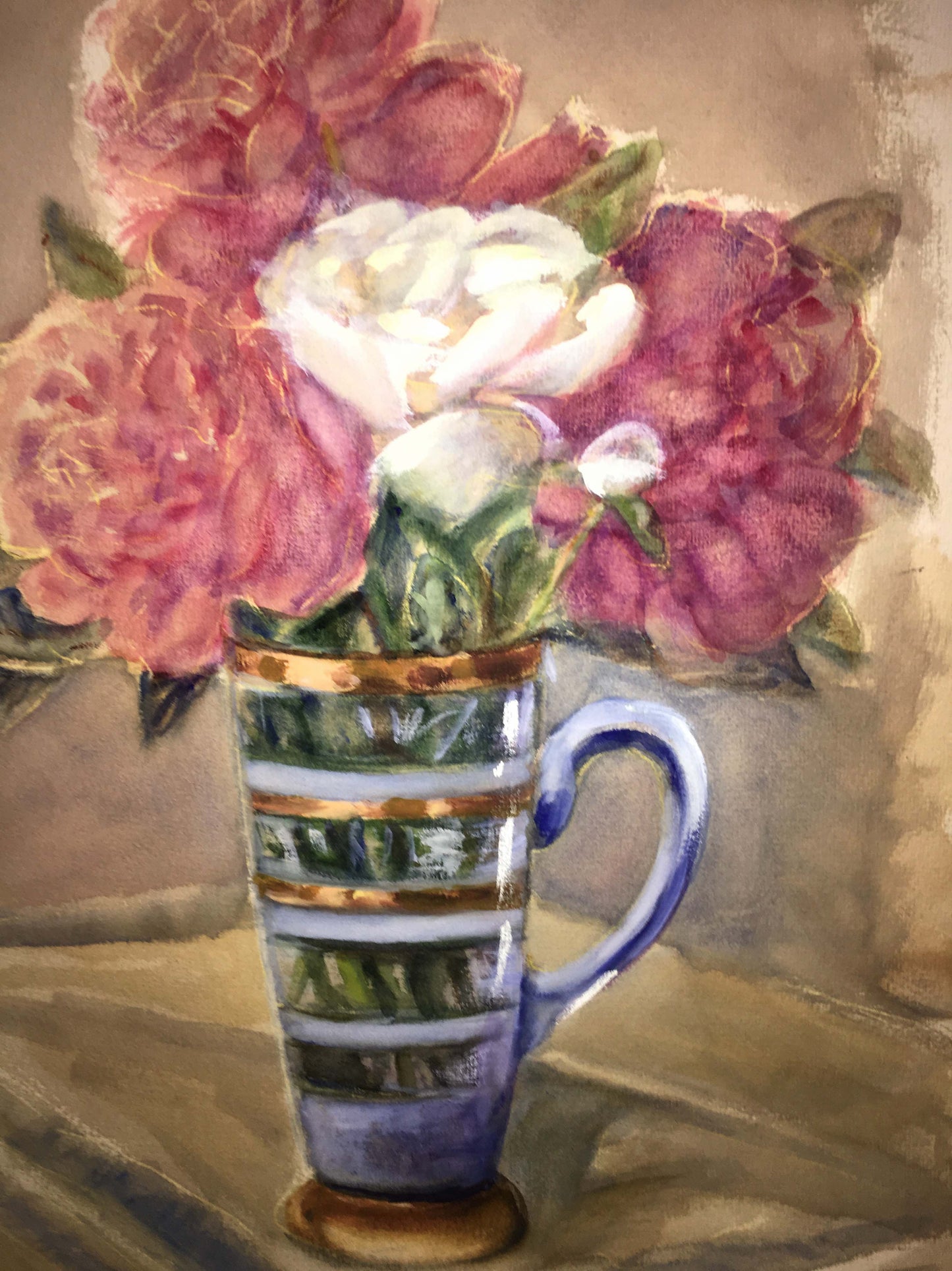 Morning still life with flowers watercolor painting