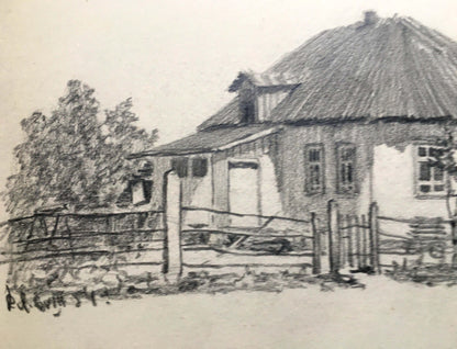 Pencil painting Landscape with a house Dmitry Lednev