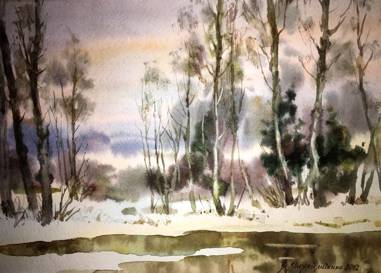 End of winter watercolor painting Viktor Mikhailichenko