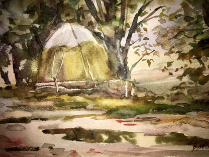 Watercolor artwork featuring a "Forest" by Viktor Mikhailichenko