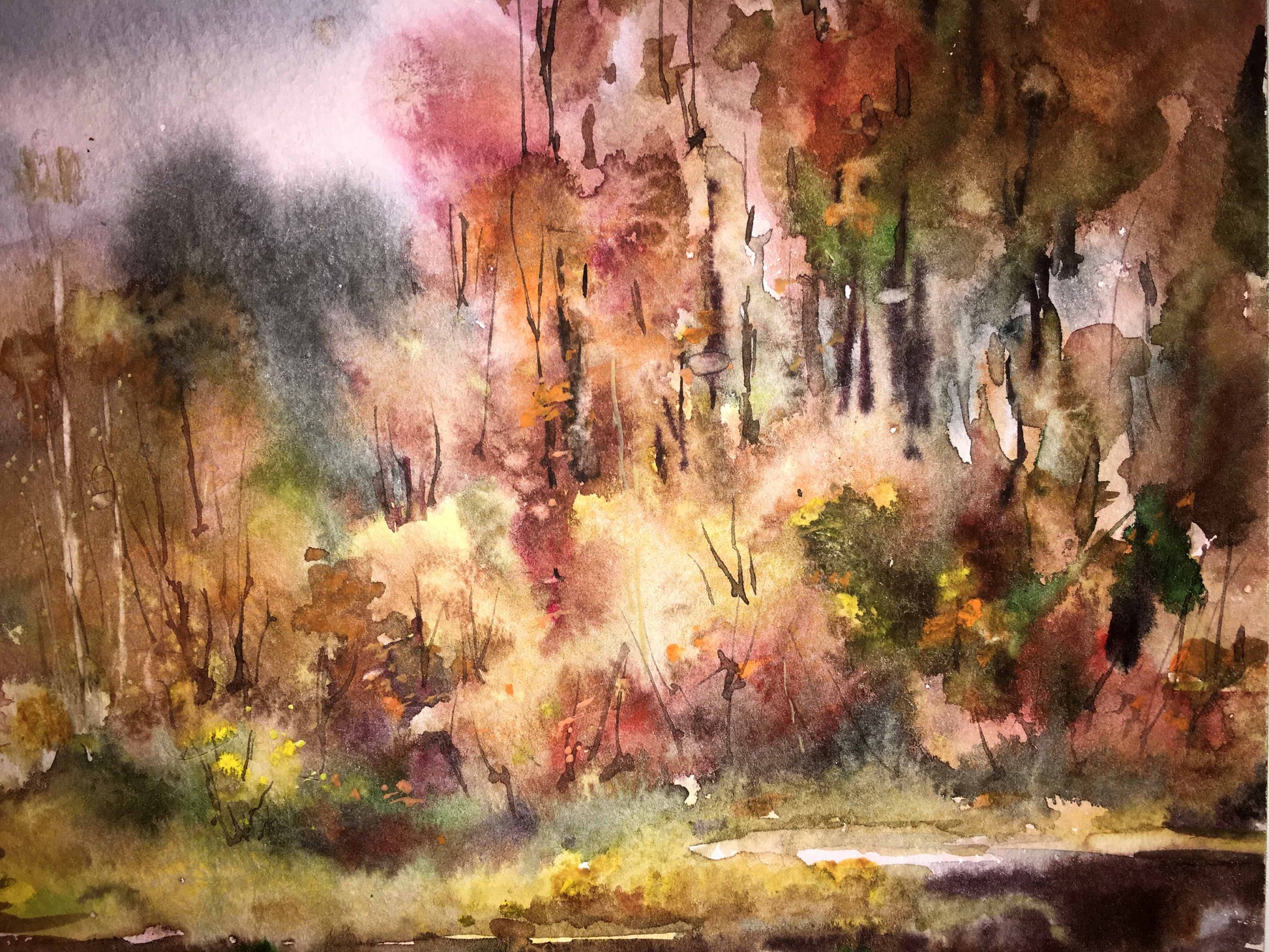 Viktor Mikhailichenko's artwork titled "Autumn Gold," done in watercolor