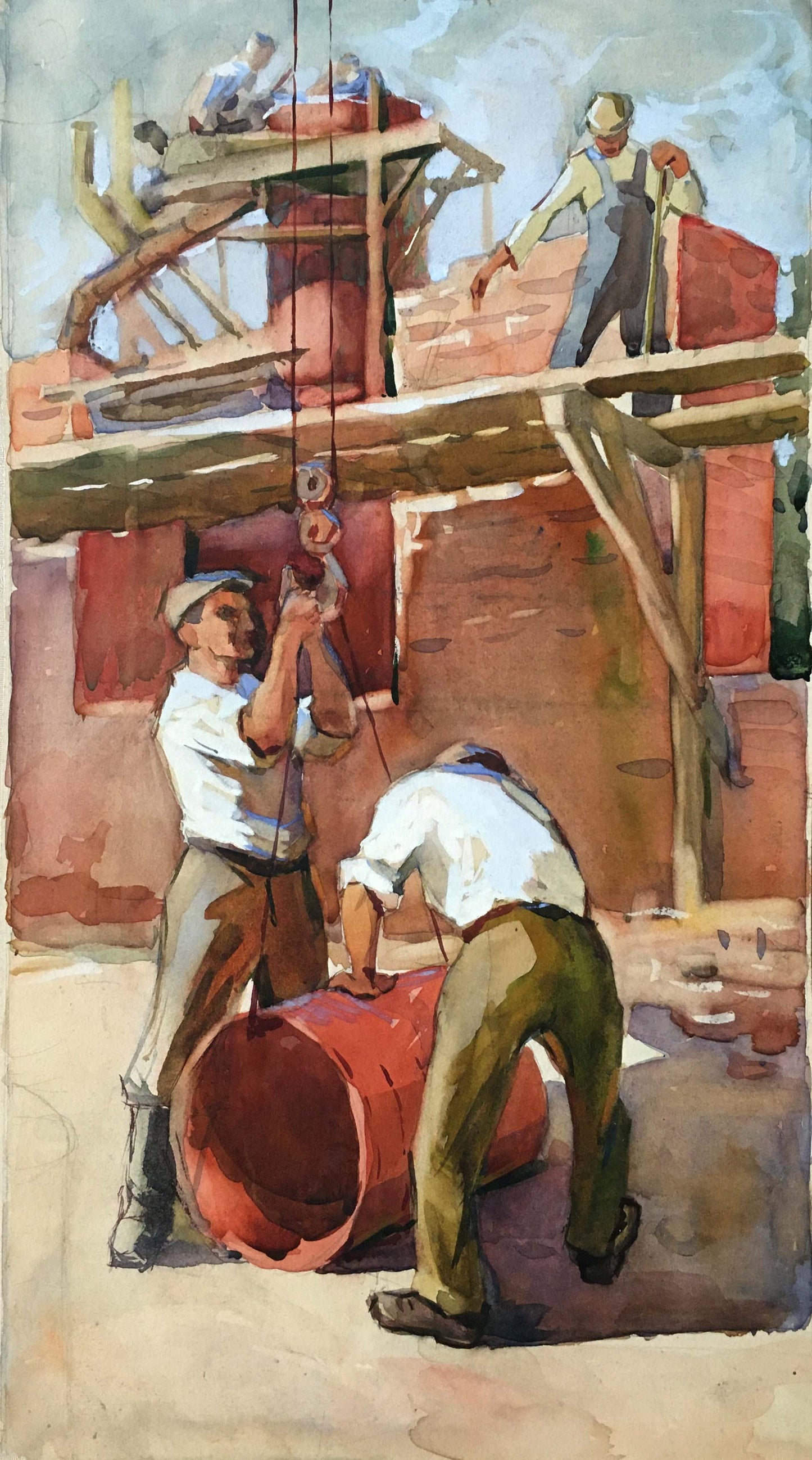 Watercolor painting People at a construction site