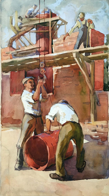 Watercolor painting People at a construction site