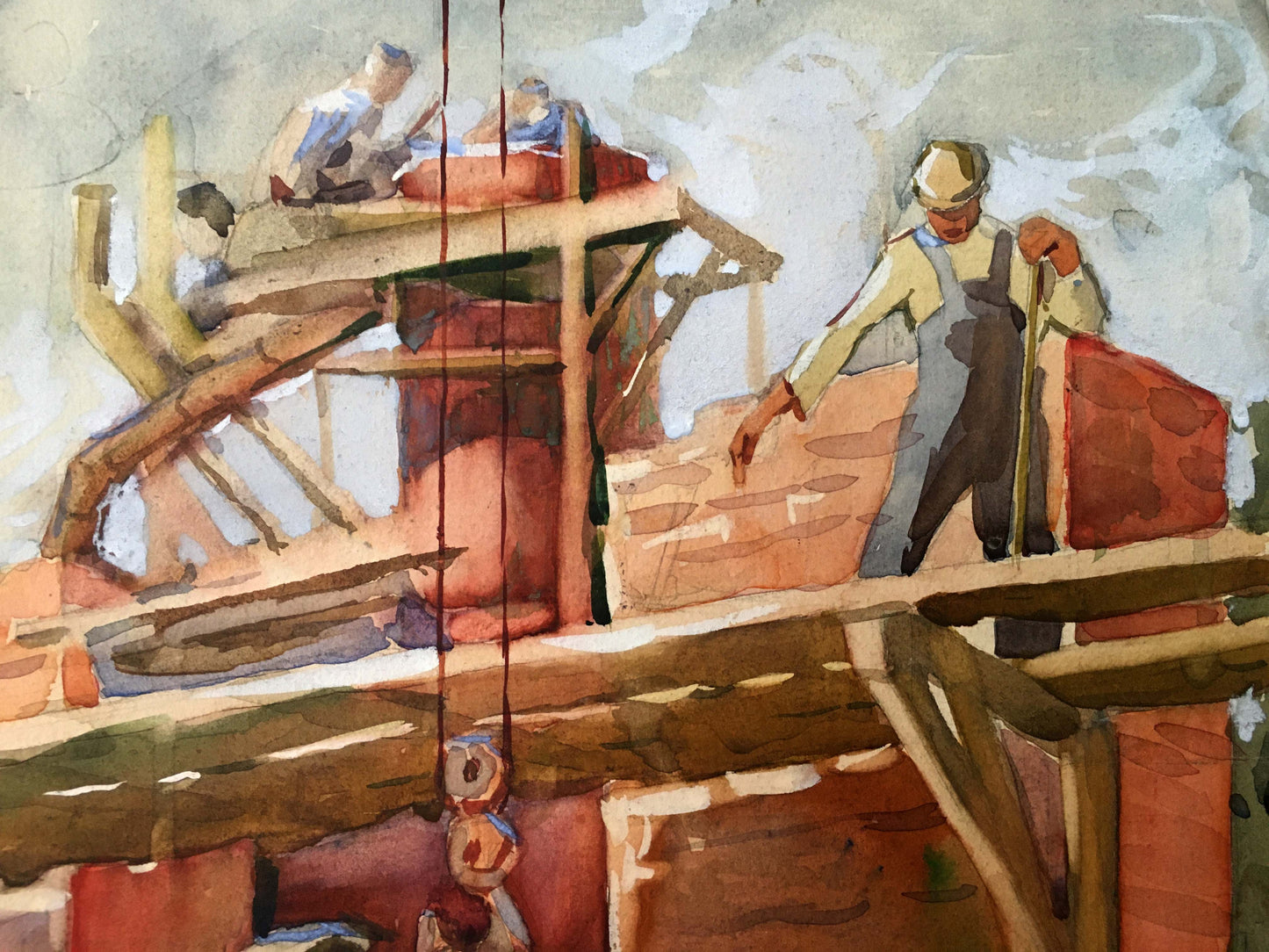 Watercolor painting People at a construction site