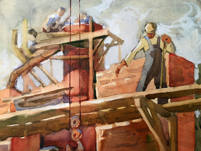 Watercolor painting People at a construction site