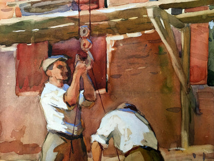 Watercolor painting People at a construction site