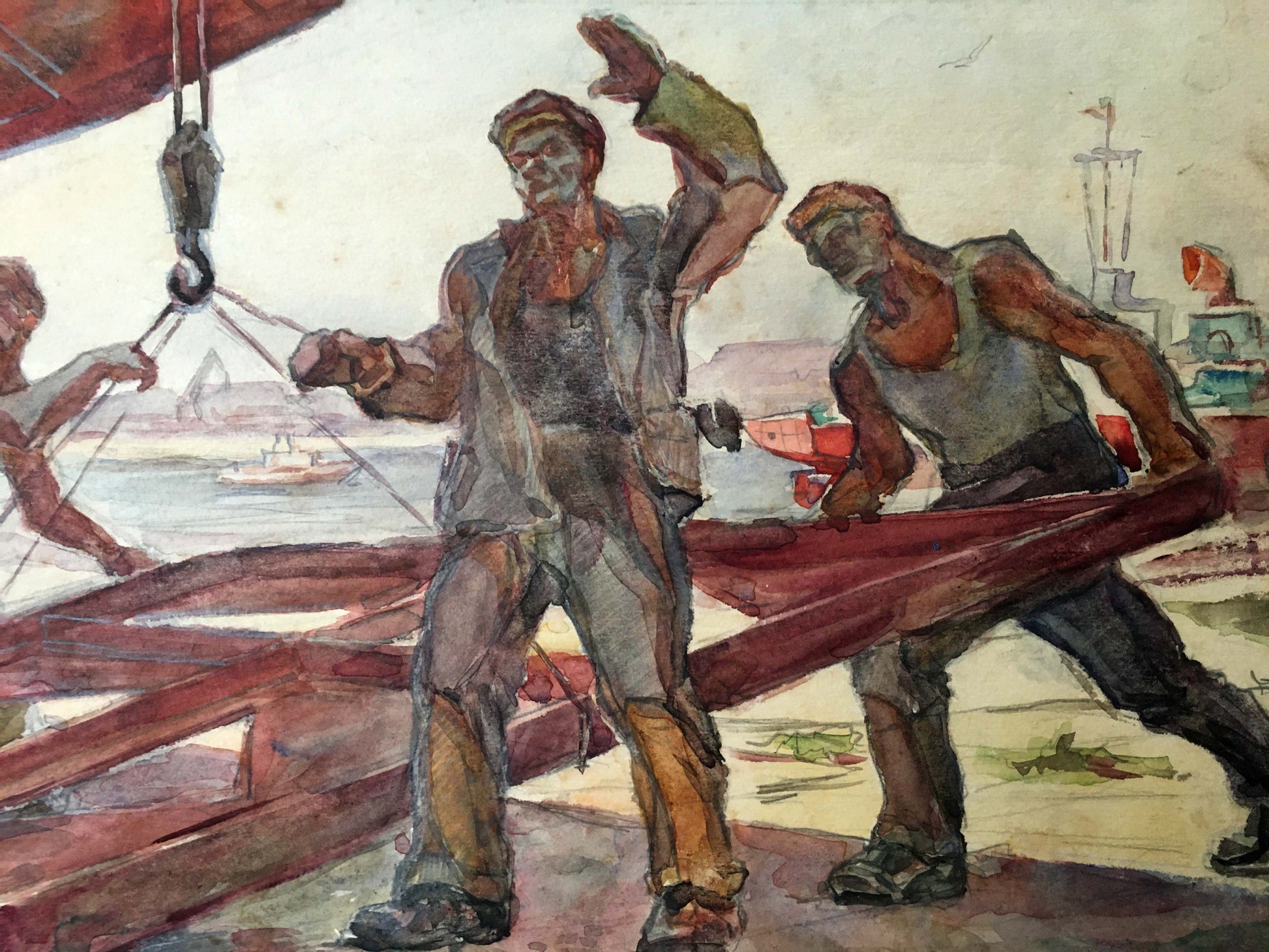 Oil painting portraying the process of ship repair