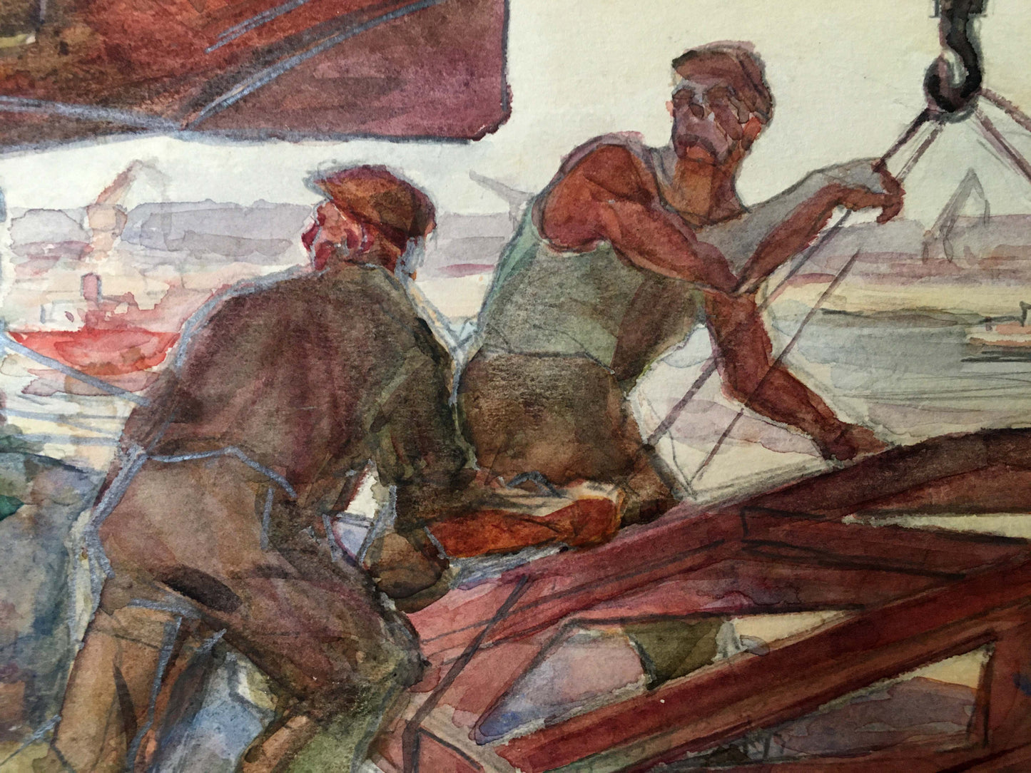 An oil artwork capturing the activity of ship repair