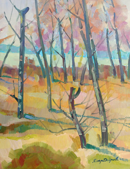 Peter Dobrev's oil painting showcases a springtime landscape