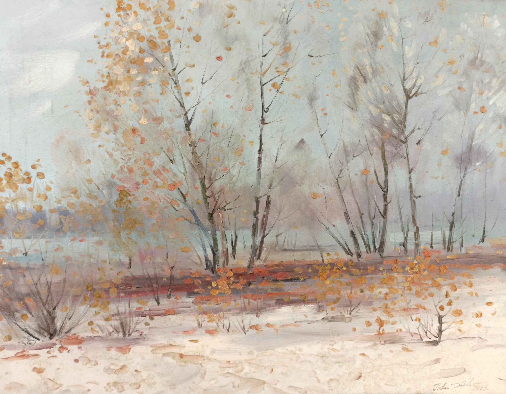 Oil painting Early snow in autumn Peter Dobrev