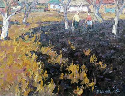 Oil Painting Rural landscape Village Spring 