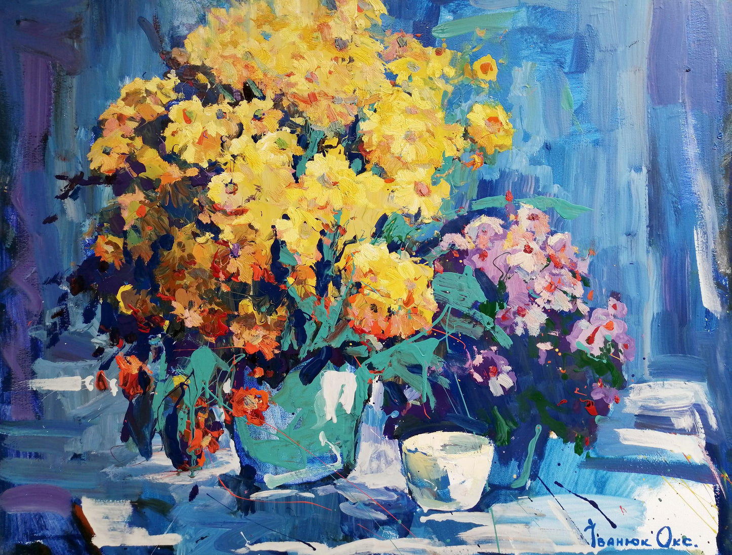 Oil painting still life Yellow and blue Flowers