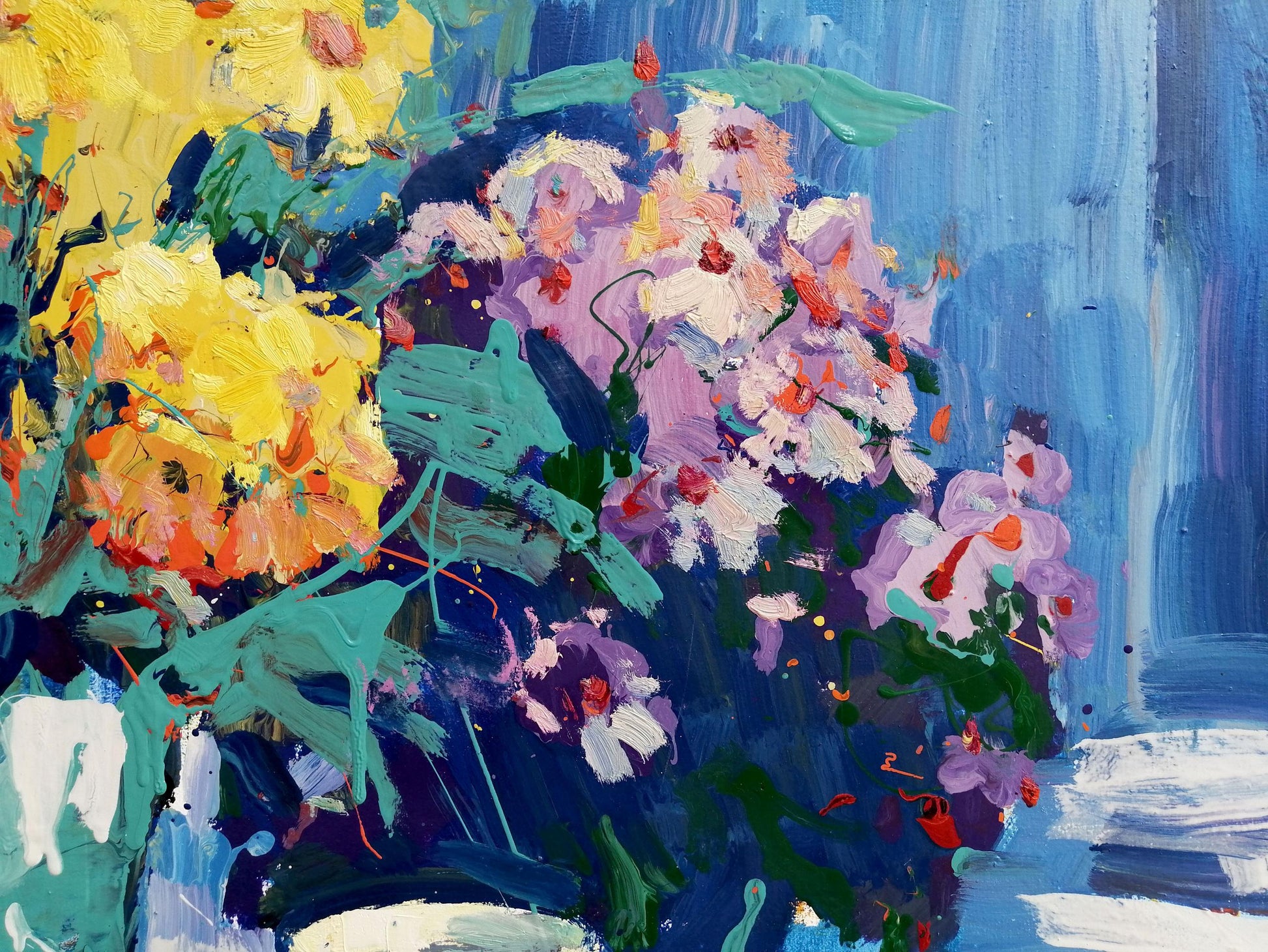 Oil painting still life blue Flowers