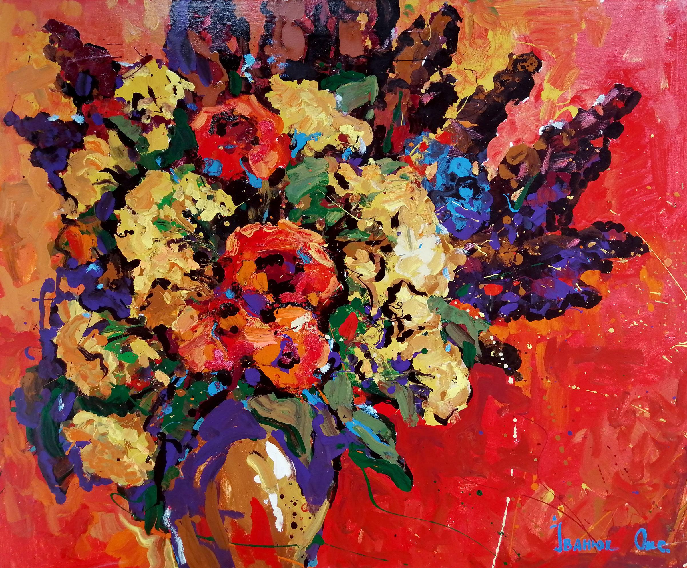 Oil painting Flowers on a red canvas Ivanyuk Oksana