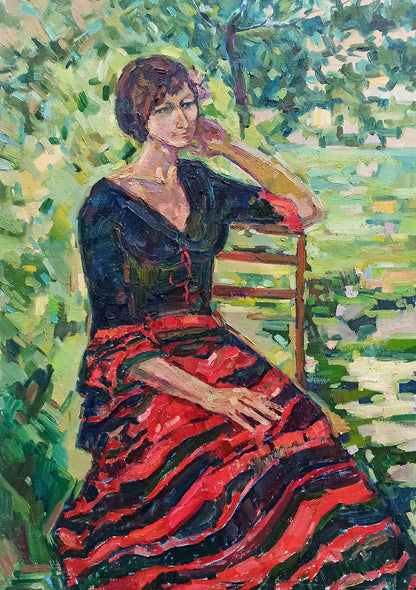 Oil painting Portrait of a girl in the garden Peter Dobrev