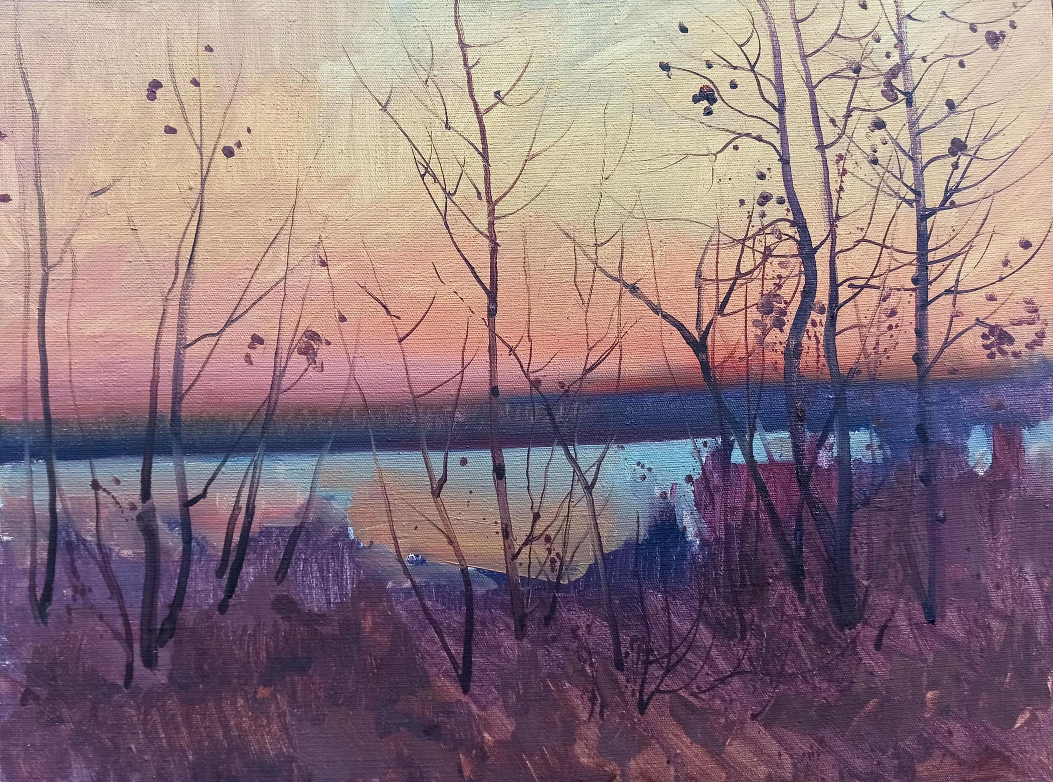 Oil painting Riverside Twilight Peter Dobrev