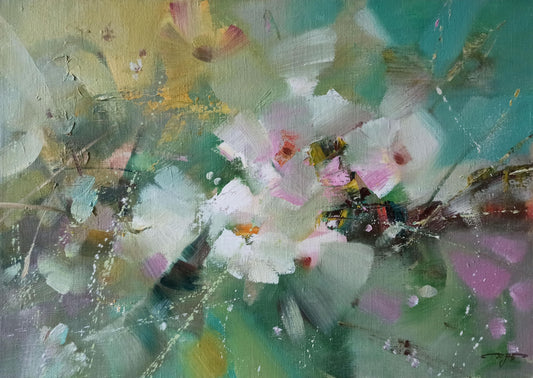 Abstract oil painting Whimsical White Blooms Anatoly Tarabanov