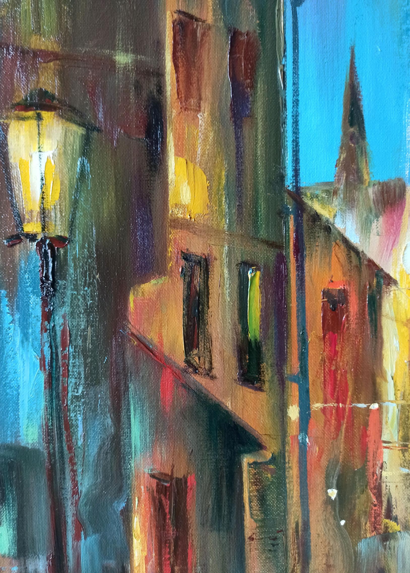 Tarabanov's abstract oil artwork transports viewers into the nighttime world of the city