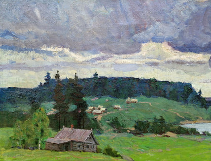 Oil portrayal of a village in the mountains by Vasily Andreevich Klyuchnik
