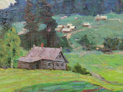 The scenic village in the mountains portrayed in oil by Vasily Andreevich Klyuchnik