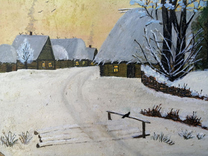 Oil painting Winter evening in the village Unknown artist