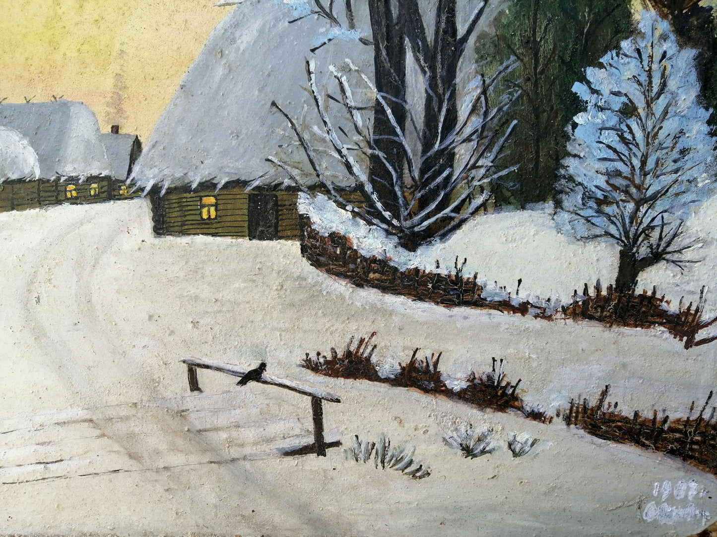 Oil painting Winter evening in the village Unknown artist