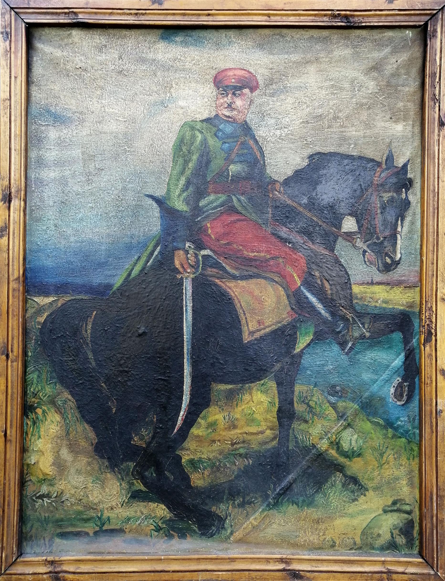 Social realism oil painting Kotovsky on horseback Unknown artist