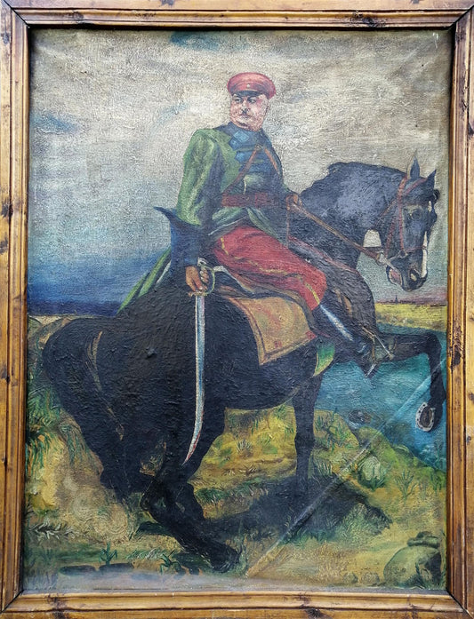 Social realism oil painting Kotovsky on horseback Unknown artist