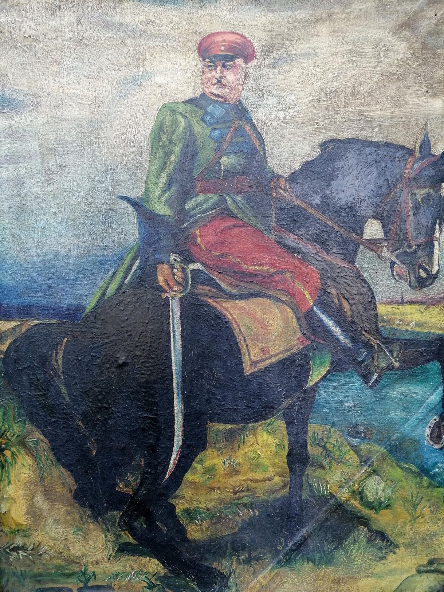 Social realism oil painting Kotovsky on horseback Unknown artist