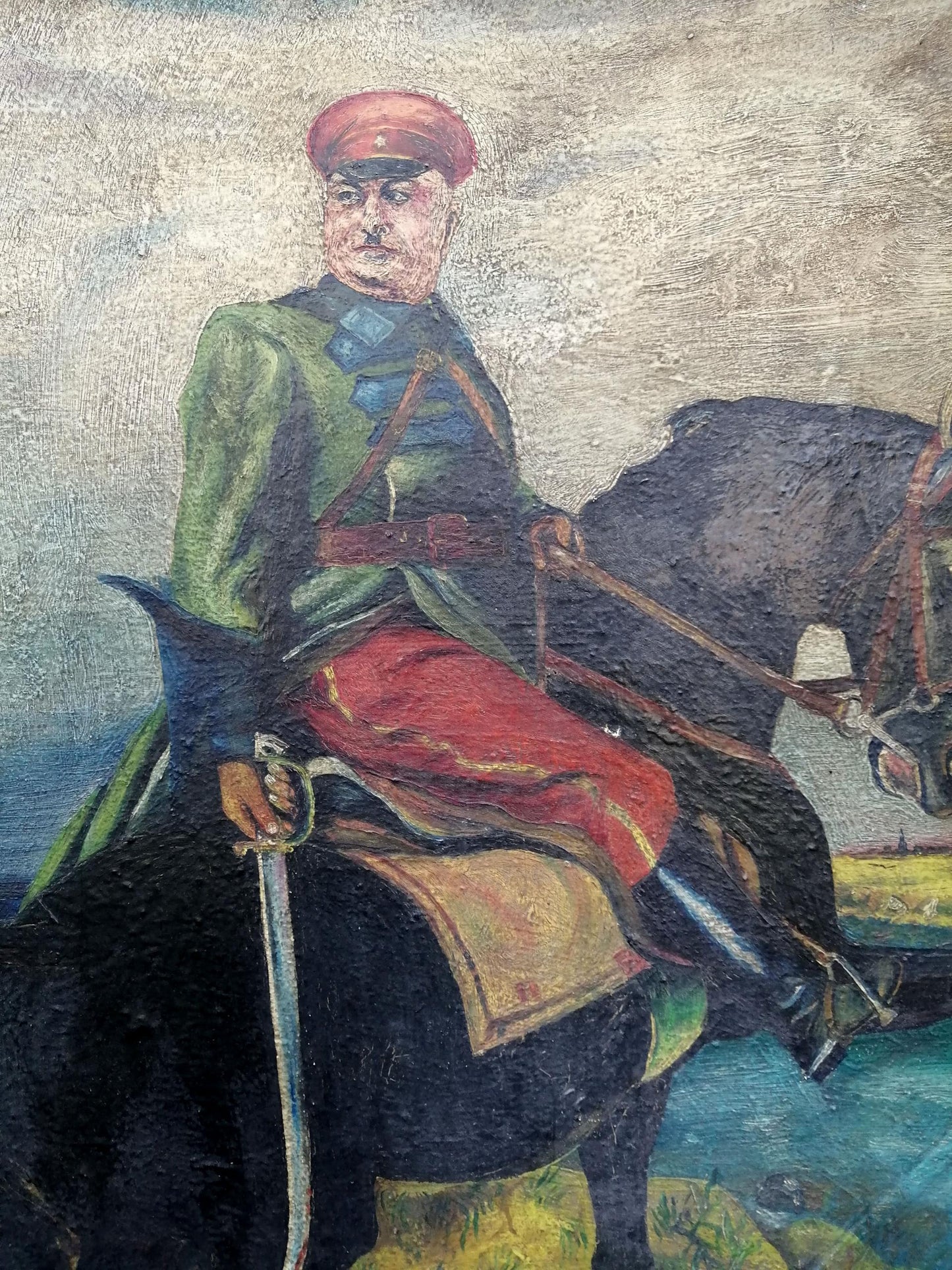 Social realism oil painting Kotovsky on horseback Unknown artist