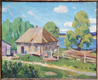 Oil painting Village near the river Unknown artist