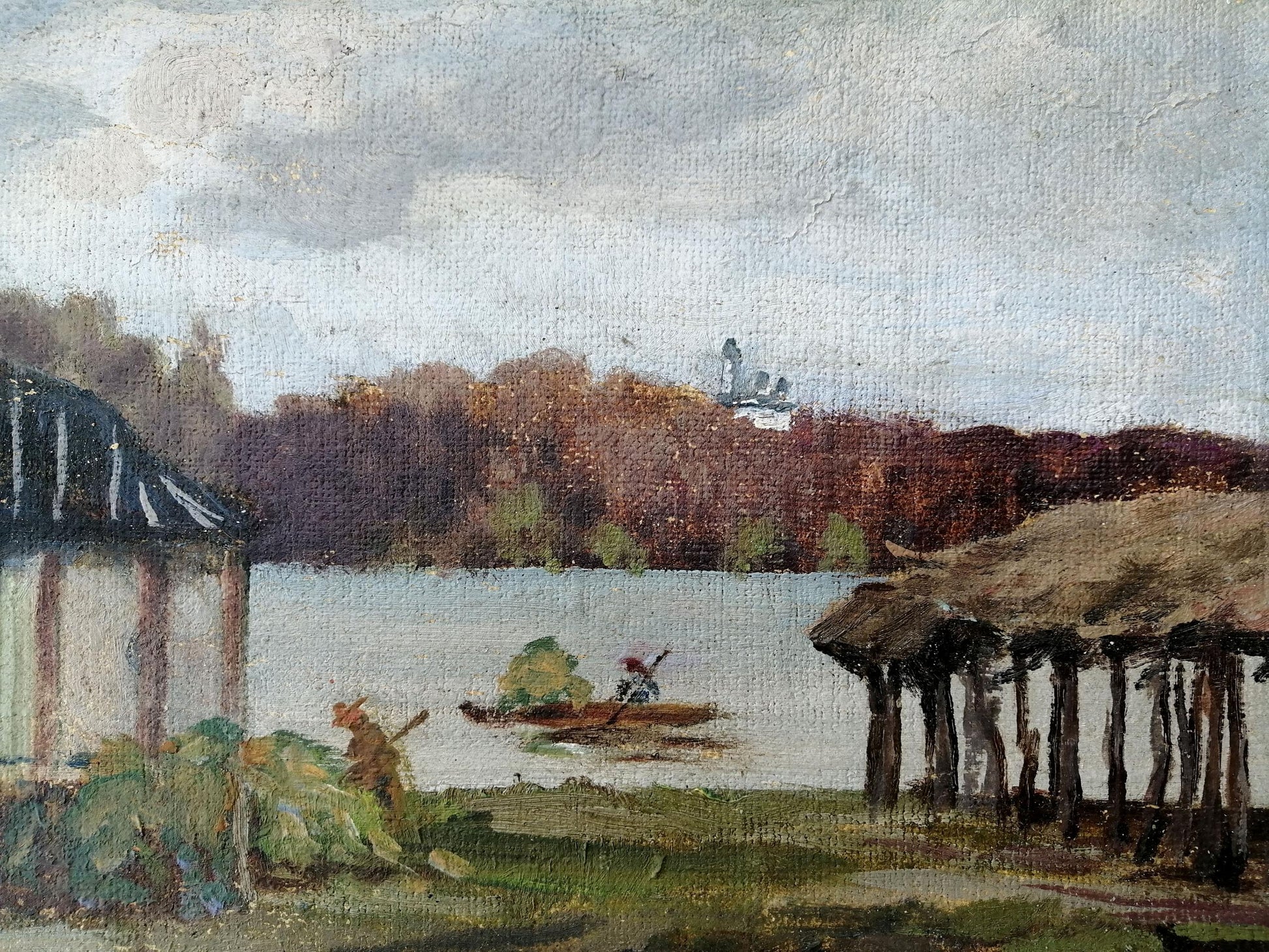 An oil artwork portraying a riverside rest by an unknown artist