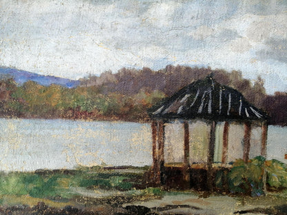 A painting capturing riverside relaxation in oil by an unknown artist