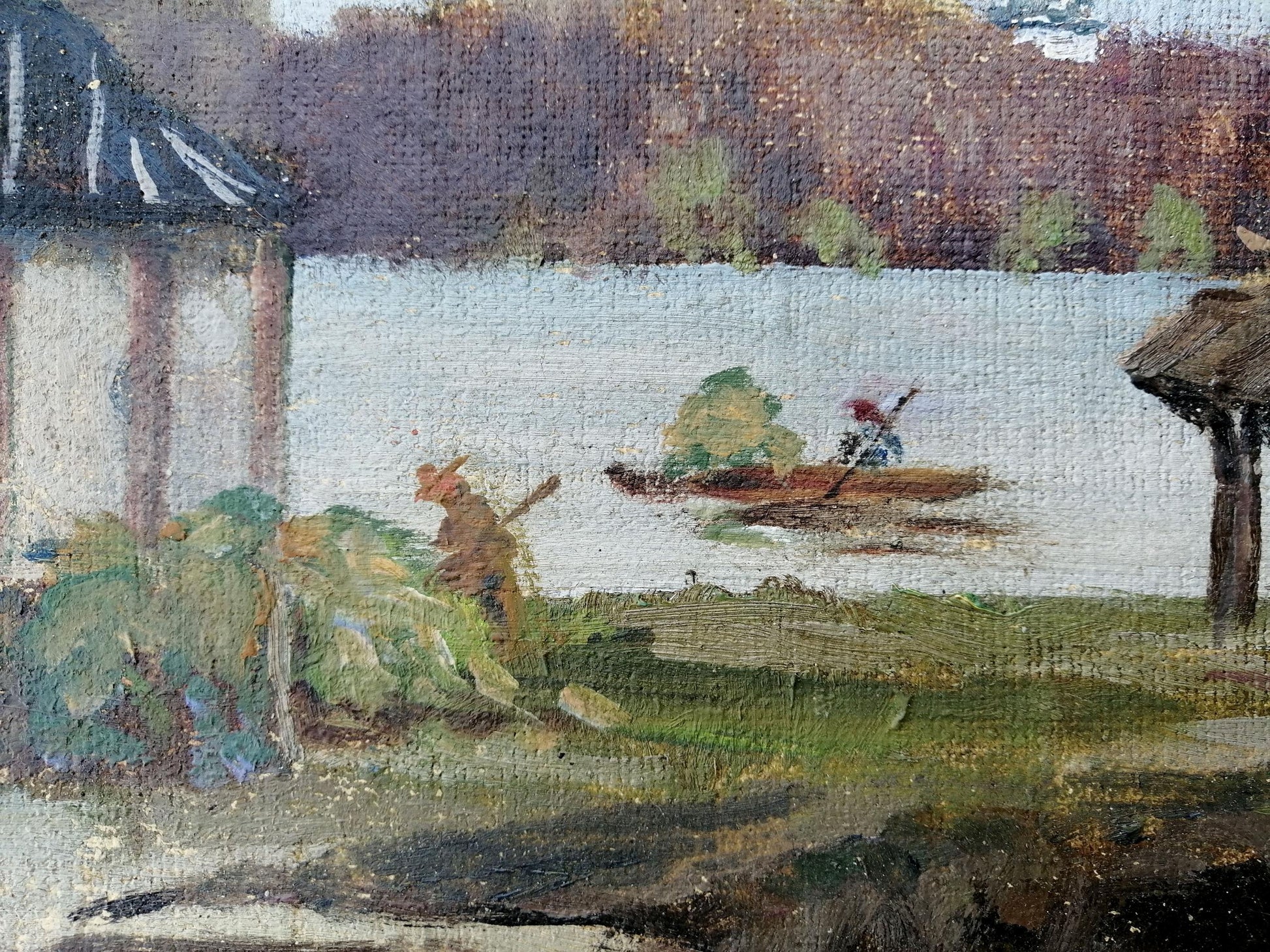 Oil painting showcasing leisure time by the river, artist unknown