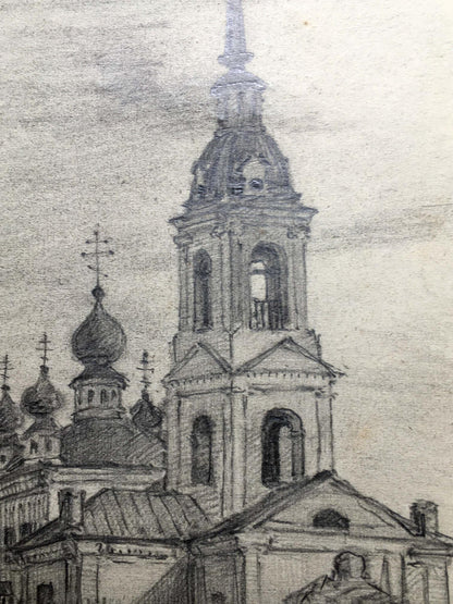 Pencil painting Church yard Dmitry Lednev