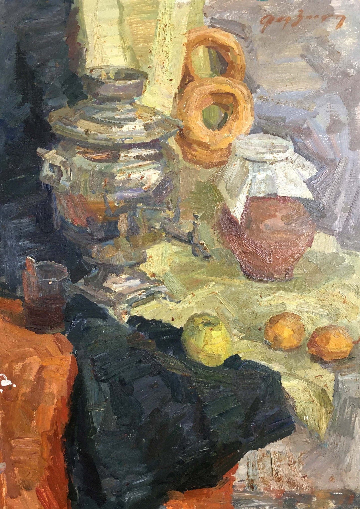 Oil painting Still life with a teapot and bagels Fedor Zakharov