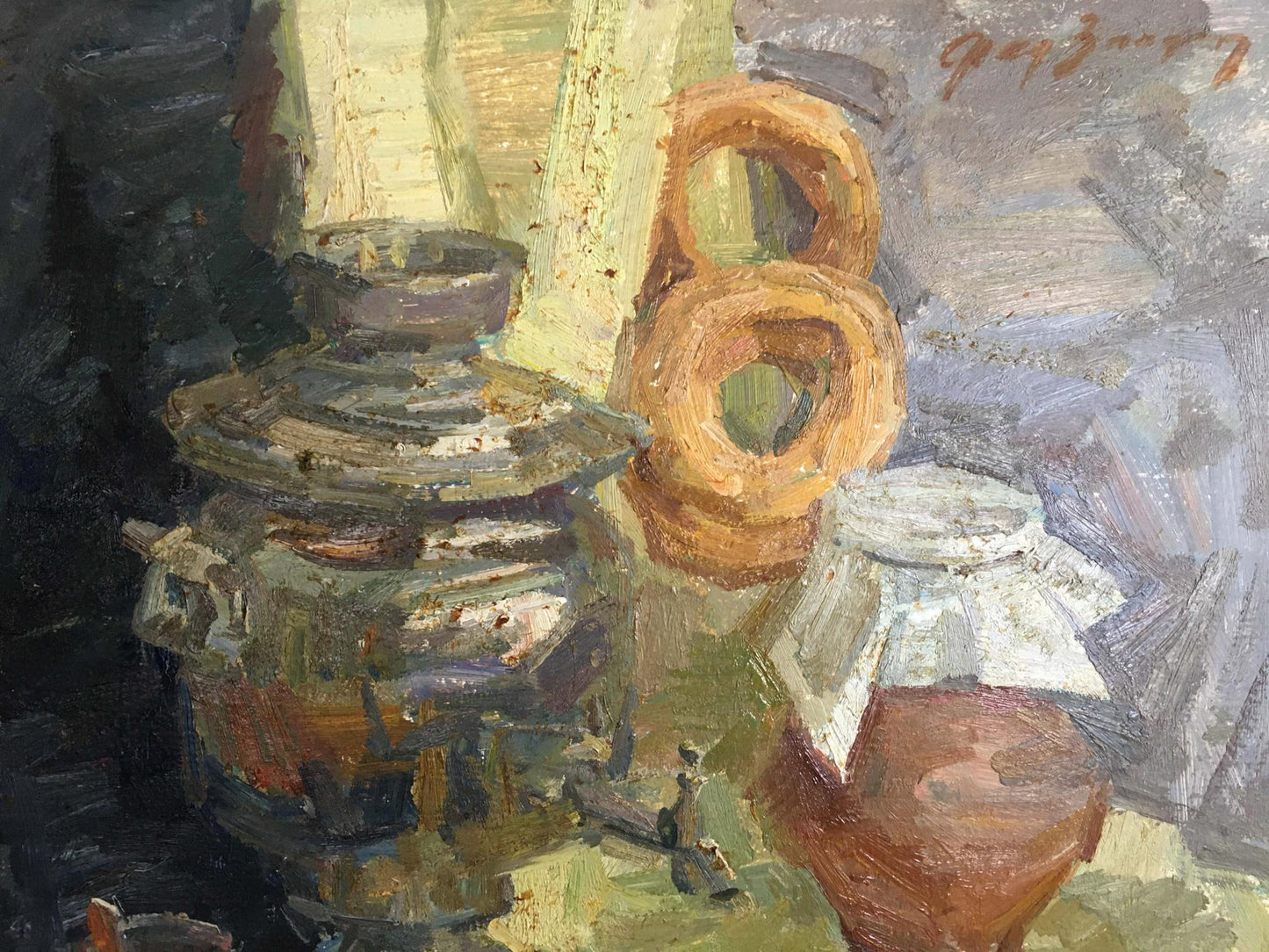 Oil painting Still life with a teapot and bagels Fedor Zakharov