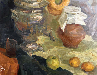 Oil painting Still life with a teapot and bagels Fedor Zakharov