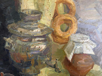 Oil painting Still life with a teapot and bagels Fedor Zakharov