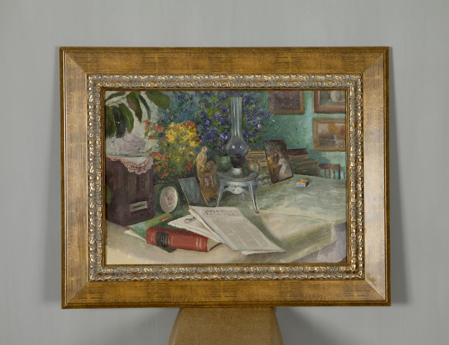 Oil Painting Still Life / Painting with Books Food Drink Flowers on the Table